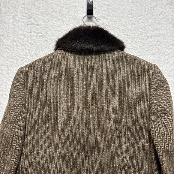 VTG Talbots Jacket Womens 10P Brown Long Sleeve Herringbone Faux Fur Collar RARE - Picture 9 of 14